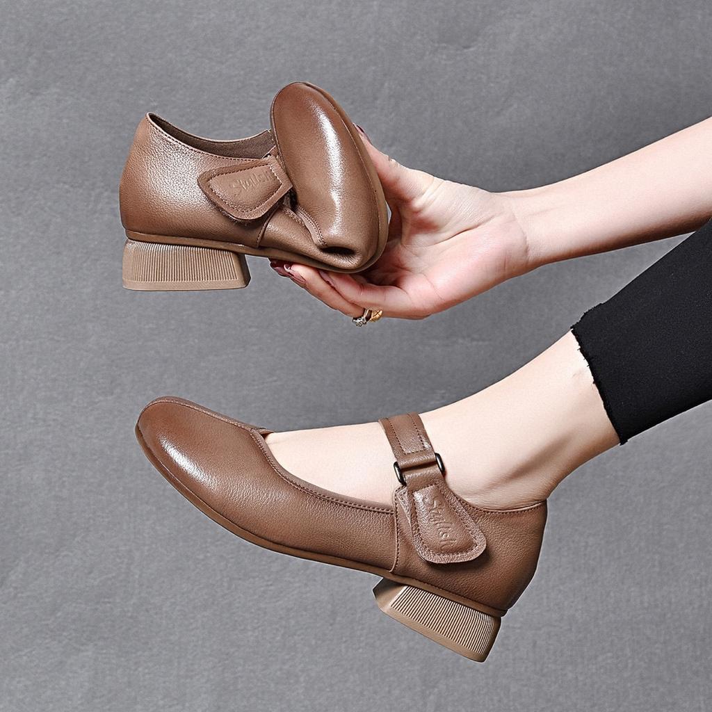 Women's Spring New Low-heeled One-word Mary Jane Shoes First-layer Cowhide Shallow-mouth Flats