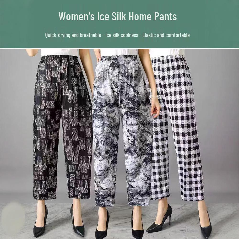 Casual Summer Women's Plus Size Ice Silk Stretch Pants - Loose, High Elastic Waist for Middle-Aged and Elderly