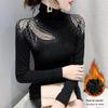 Winter 2023 High-Neck Hollow Diamond Long-Sleeve Velvet Warm T-Shirt Women's Top