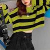 Autumn and Winter Women's Retro Style Outerwear Short Knit Sweater Top High Waisted Contrasting Striped Sweater Top