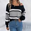 Women's Fashion Casual Loose Contrast Striped Metal Button Off-the-shoulder Sweater Long Sleeve Pullover Top