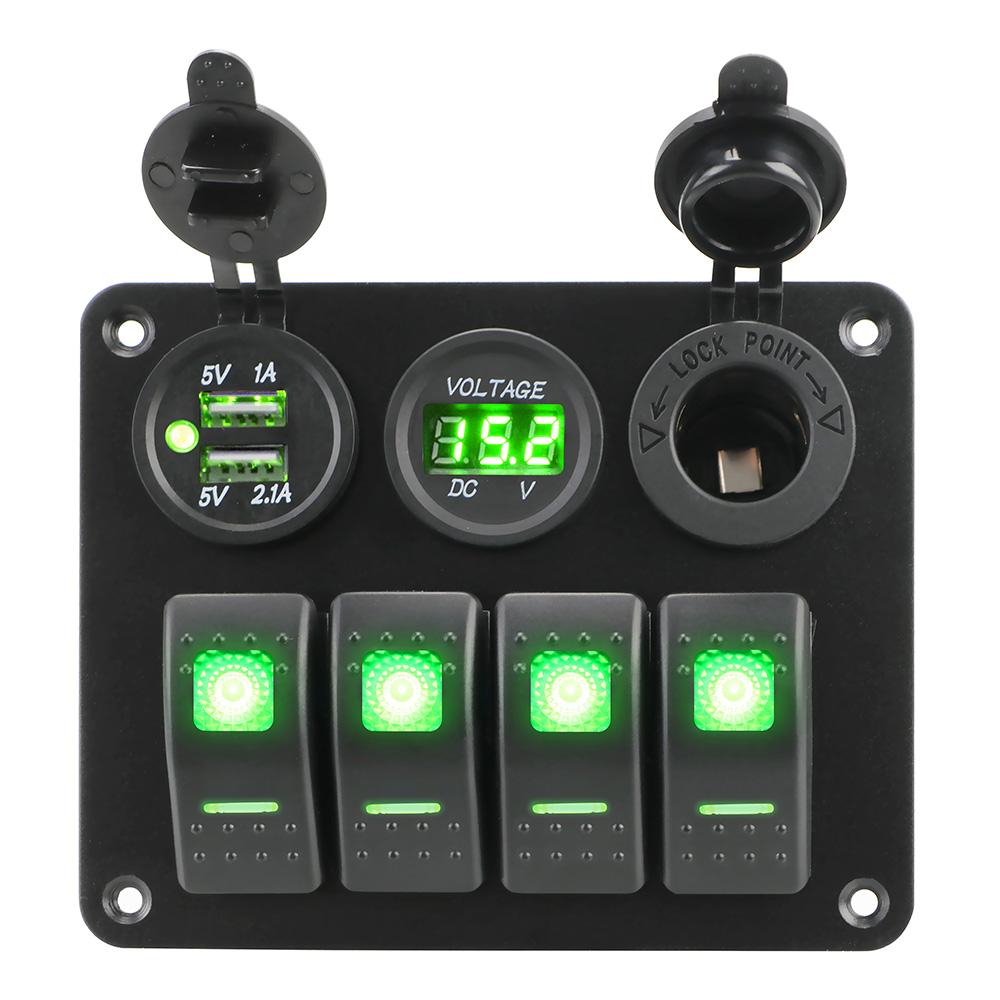 LED Rocker Switch Panel Interior Accessories Digital Voltmeter Aluminum Panel Dual USB Port 4 Gang Waterproof for Car RV Camper Caravans