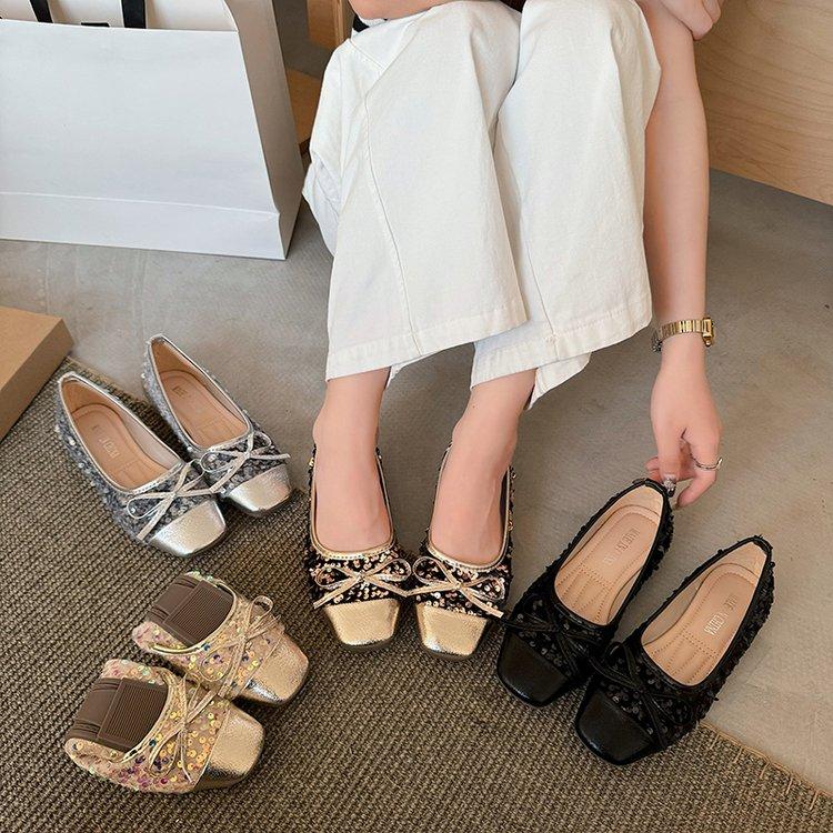 Fashion Slip On Shoes For Women Bow-Knot Square Toe Shallow Mouth Female Footwear Autumn Slip-on Moccasin Butterfly Dress Fall Glitter B