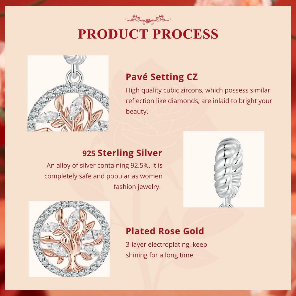 Bamoer Rose Gold Tree of Life Love Hreat Charm Beads for Women Jewelry Making 925 Sterling Silver Charm for Original Bracelet
