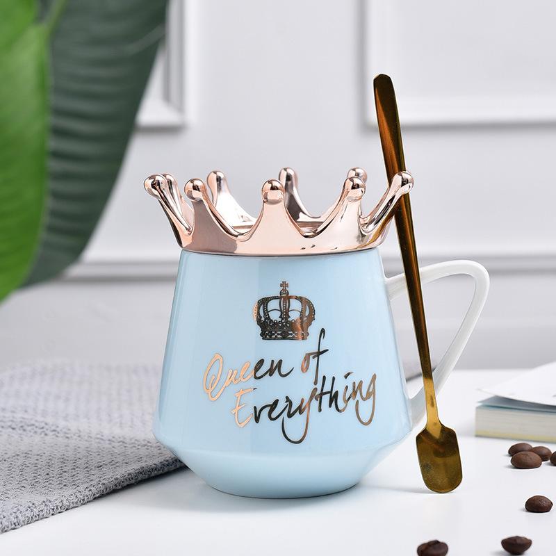 Creative Crown Ceramic Cup with Lid Coffee Cup Nordic Gold Pattern Couple Mug Big Belly Cup Souvenir