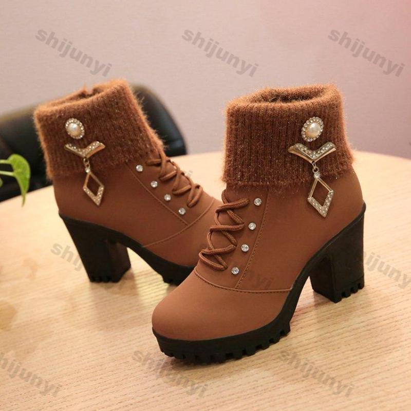 Fashion Women's Chunky Heeled Ankle Boots Autumn Fashion Rhindiamonds Solid Color High Heels Shoes Female Lace Up Platform Short Booties