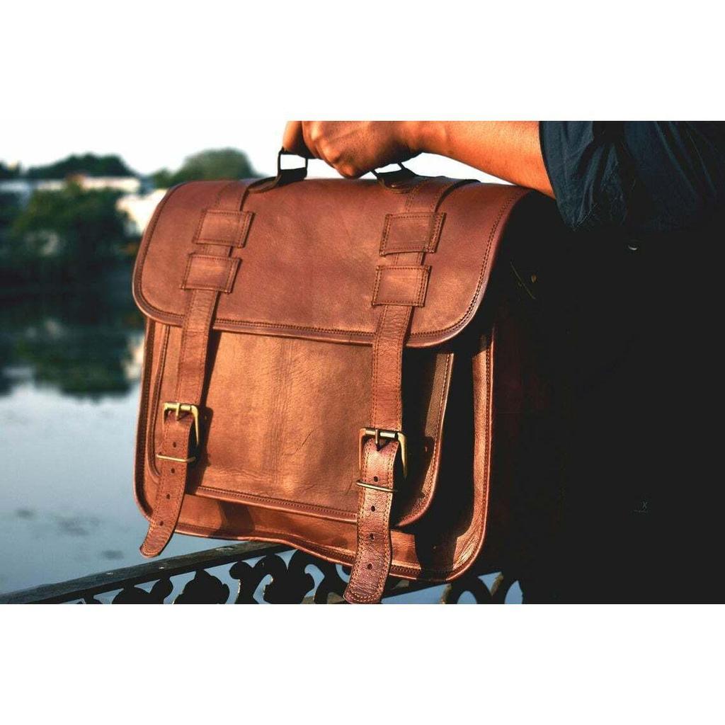 Vintage Goat Leather Messenger Shoulder Backpack Laptop Bag Satchel Convertible