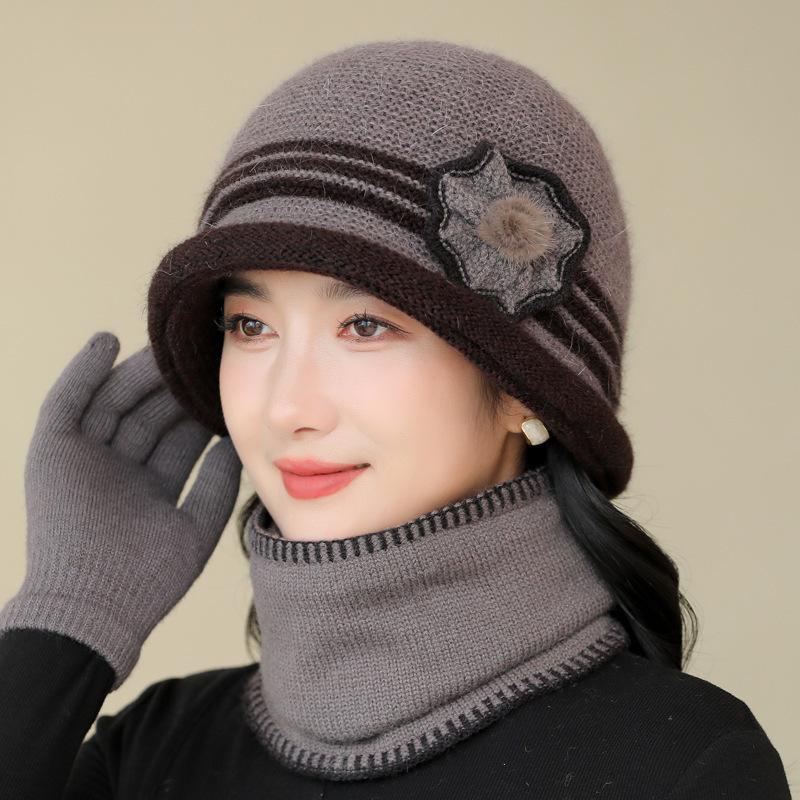 Зимняя Новая Теплая Шляпа-Ведро Женская Модная Шляпа для Среднего и Пожилого Возраста Флисовая Утолщенная Вязаная Шапка из Кроличьего Пуха