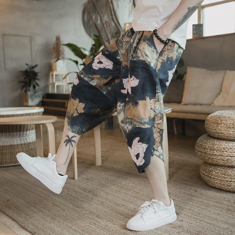 Men's Chinese-Style Cotton Linen Two-Piece Suit - Casual Loose-Fit Harem Pants with Short-Sleeved Top