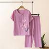 Cotton Linen Two Piece Outfit for Elderly Women Loose Floral Short Sleeve Crewneck