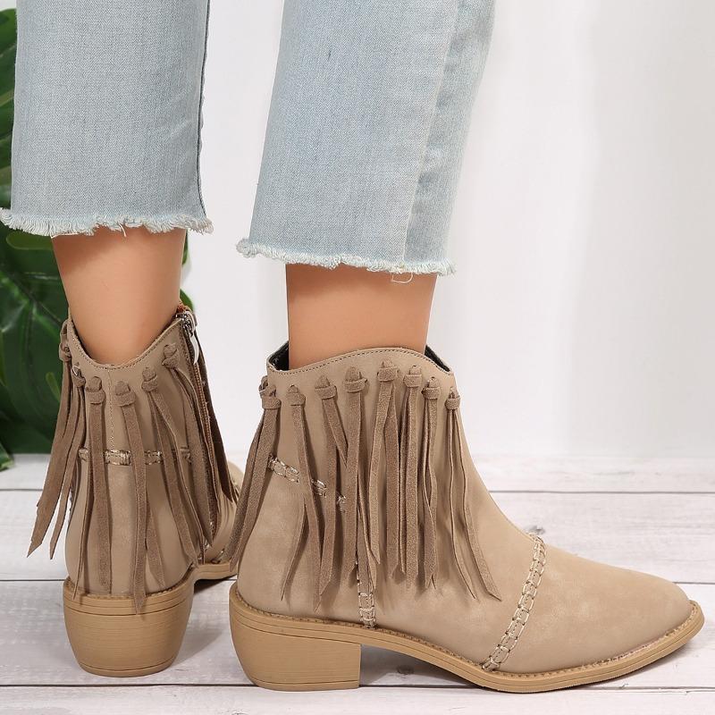 Fashion Fall New Chunky Single Boots Women's Pointed Suede Fringe Side Zipper Comfortable Mid-heel Ankle Boots