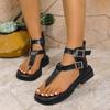 Fashion Summer New Sandals Thick Bottom Roman Style Flip Flops Fashion Ankle Belt Buckle Thick Middle Heeled Women's Shoes Large Size