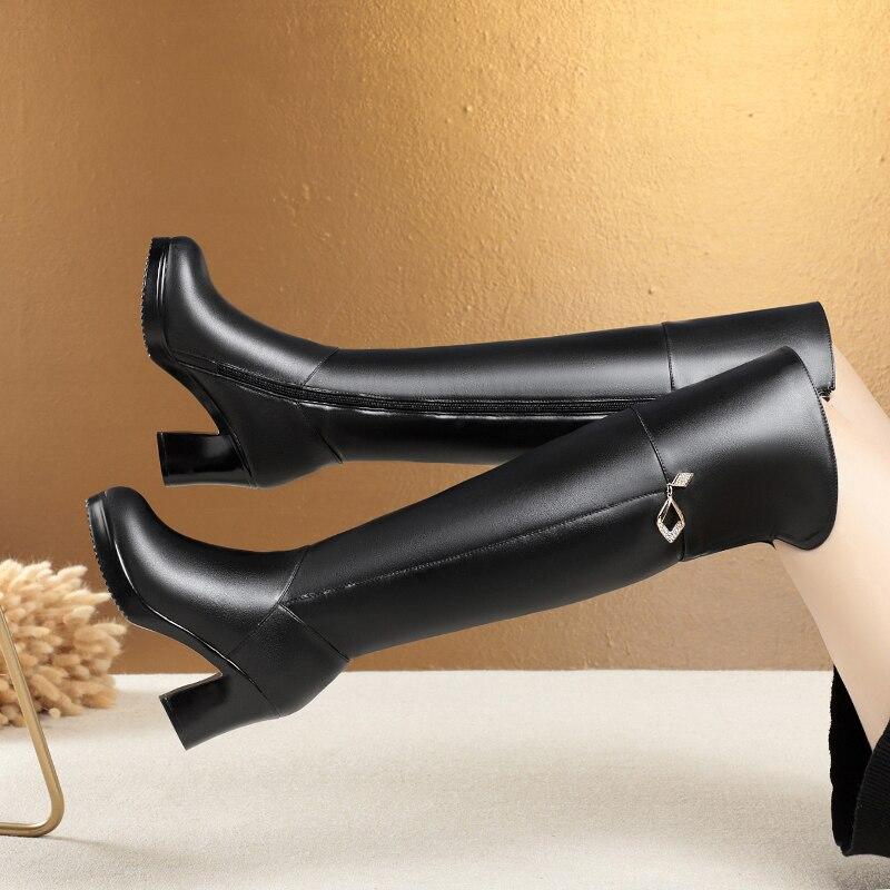 Women's Over The Knee Boots Natural Wool Genuine Leather Women Winter Boots Warm High-heel Women Motorcycle Boots