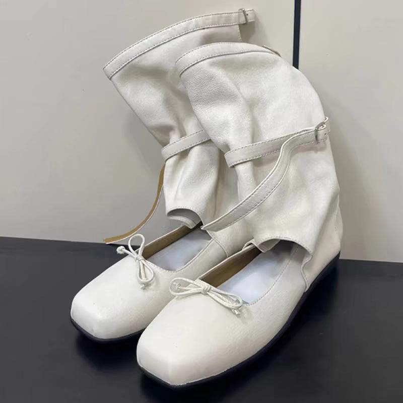 Temperament Casual Fashion Single Boots for Women, Height Increased by 5cm~ Stylish Square Round Head Bow Light Mouth Mary Jane Medium Boots