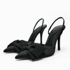 TRAF Womans Black Leather High Heel Sandals Sexy Pointed Toe Slingback Metal Buckle Pumps Sandals Summer Party High Heel Sandals