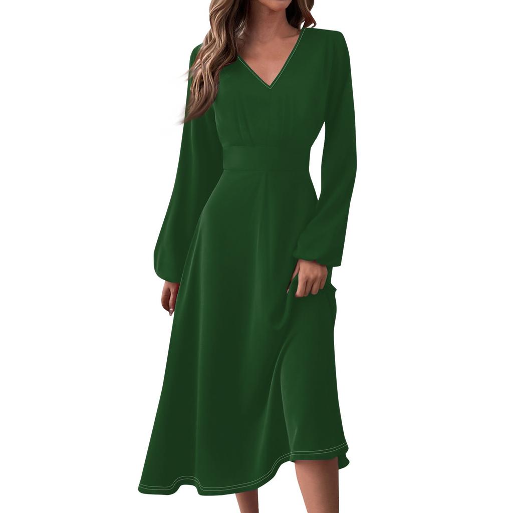 Women's Autumn And Winter Casual Fashion V-neck Long Sleeve Solid Color Long Dress
