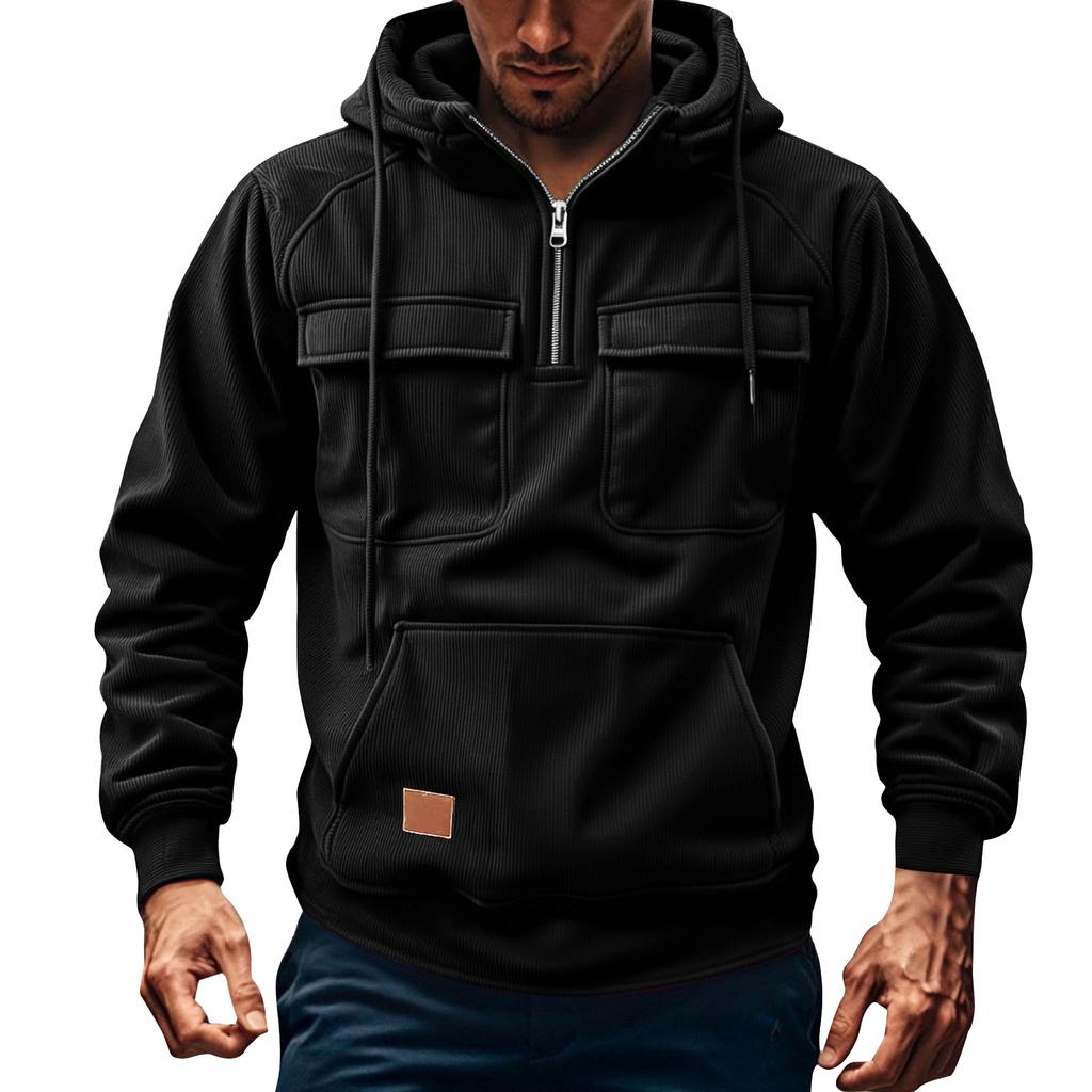 Men's Solid Color Fleece Half Zip Pocket Sweatshirt Hoodie Men's Sports Large Size Casual Sweatshirt