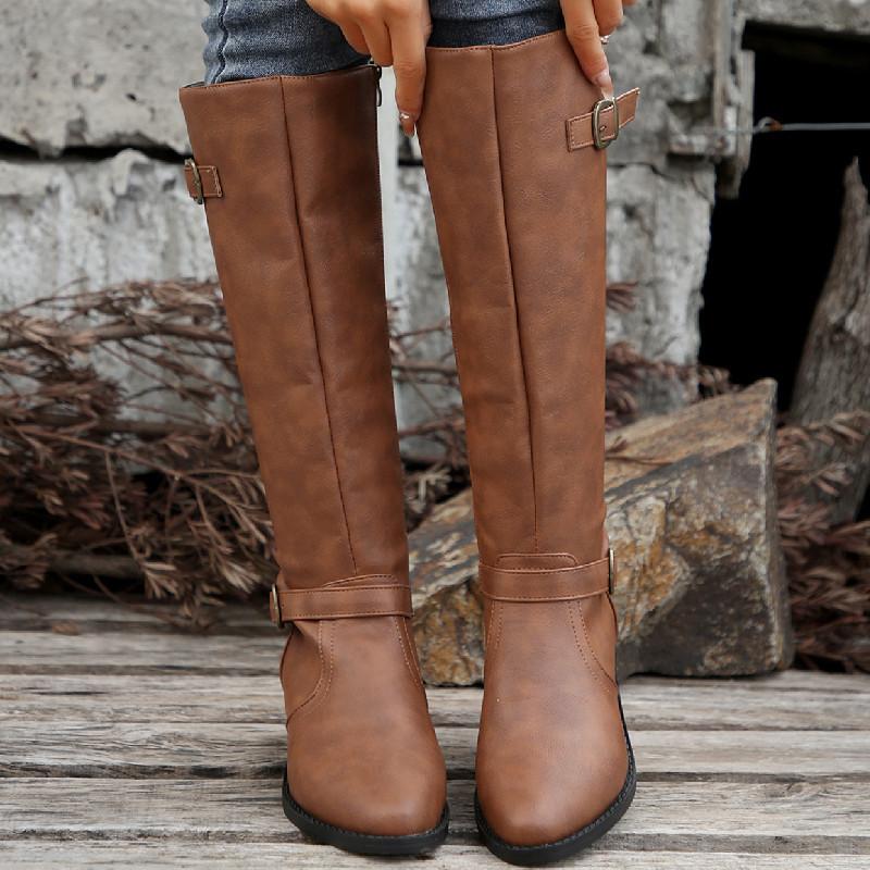 New Winter Women Boots Wide Width Chunky Heel Square Bucket Side Zipper Tall Boots