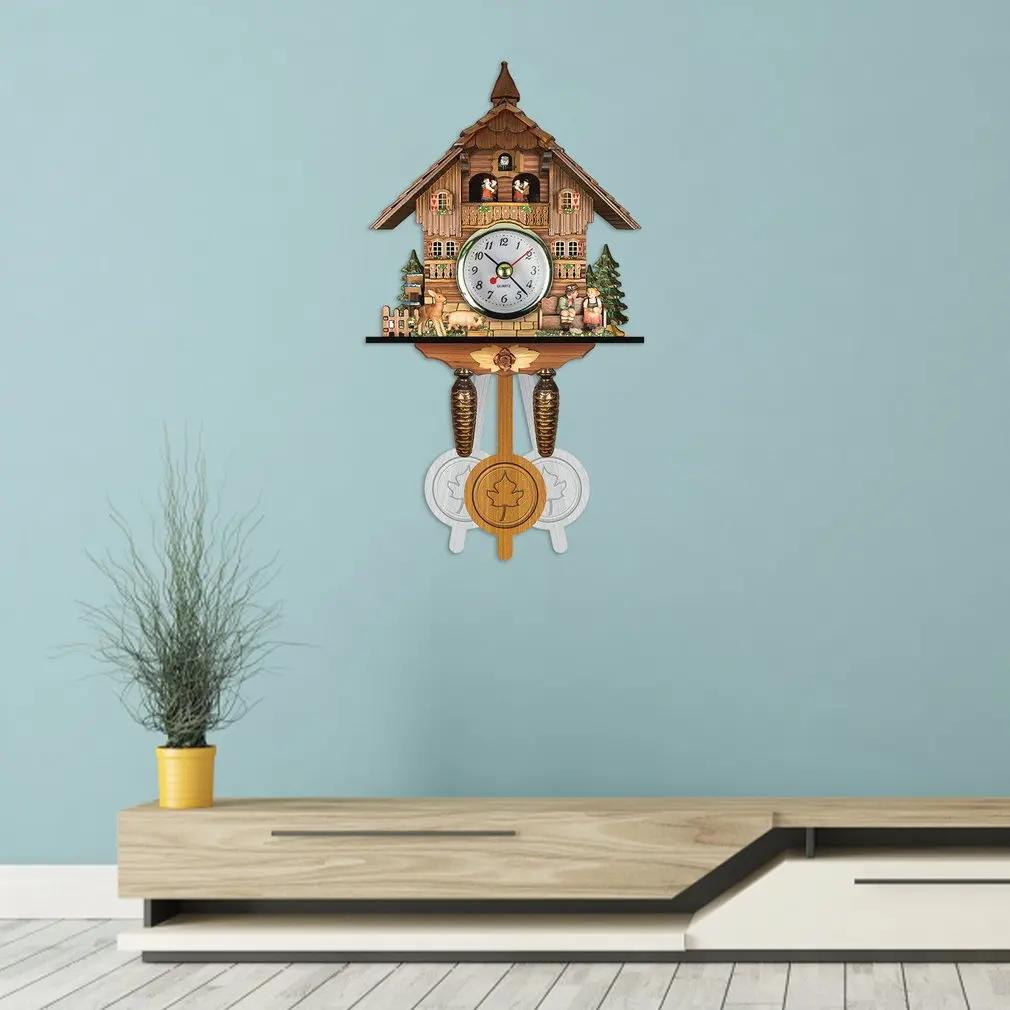 New Clock Wall Wooden Wood Pendulum Vintage Clocks Cuckoo Kids Bird Hanging Retro 3D Chiming Decor Forest Silent Decorative Room