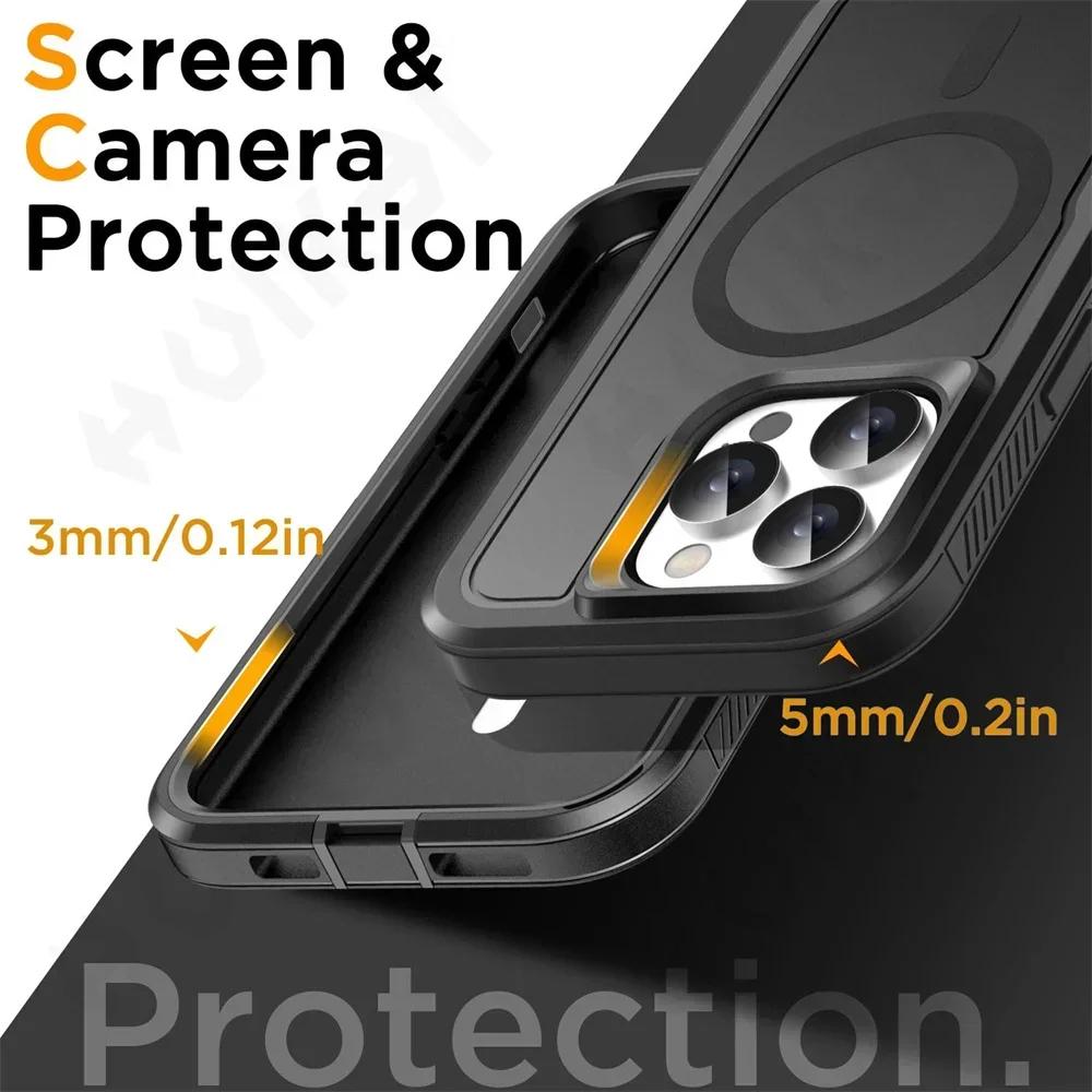 Rugged Armor Case for IPhone 16 15 14 13 12 11 Pro XR Max Plus Magsafe Wireless Charger Heavy Duty Shockproof Anti-Scratch Protective Kickstand Cover