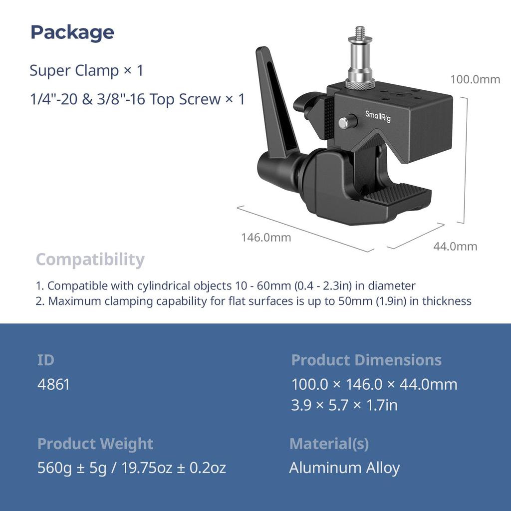 SmallRig Super Clamp Video Camera Support Kit 15kg Max Load with and Top Screws On Studs Heavy Duty for True Studio Video Camera Lighting Round Pipe