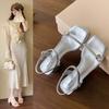 French Silver One-word Sandals Female 2025 Summer New Thick Heel Middle Heel Fairy Rhinestone Open-toed Roman Sandals
