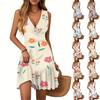 Women's Summer Dress V Neck Sleeveless Casual Floral Print Hem Pleated Dress
