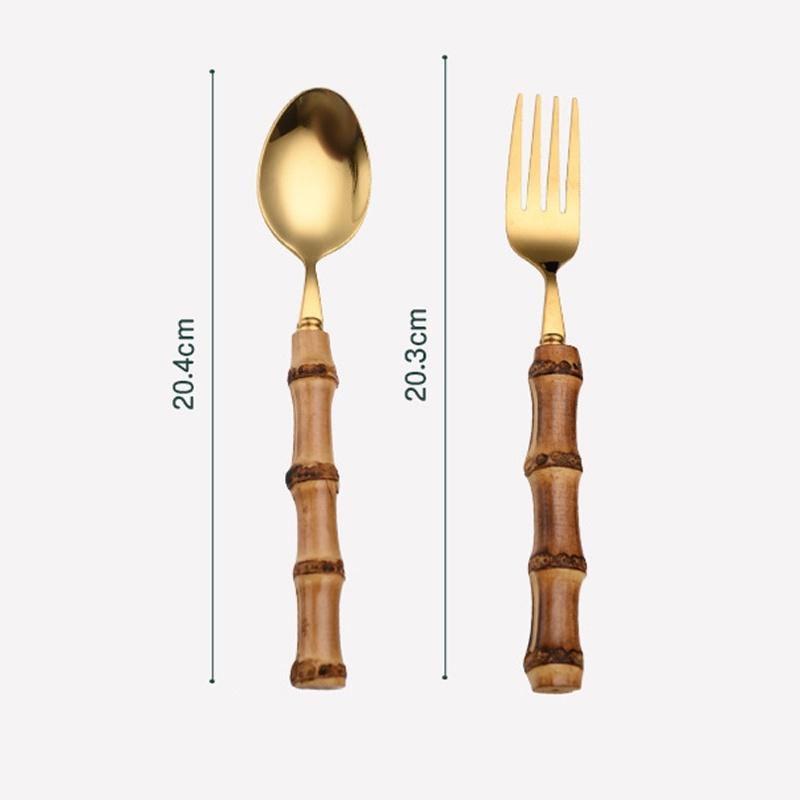 Hi Bamboo Handle Stainless Steel Cutlery Set Wooden Spoon and Fork Set Knife Minimalist Gold
