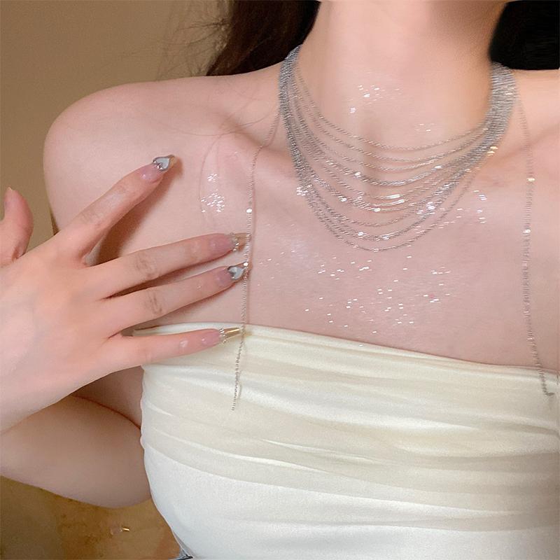 Multi Layered Tassel Necklace Light Luxury Silver Color Alloy Clavicle Chain For Women Trendy Jewelry Gift