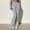 Women Flared Pants Elastic High Waist Solid Color Casual Trousers Basic Style Slim Fit Long Pants