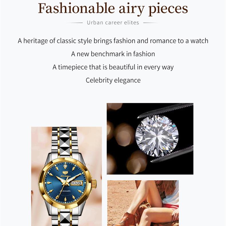 JINSHIDUN New Business and Leisure Ladies Watch Fully Automatic Mechanical Watch Tungsten Steel Double Calendar Luminous Waterproof High-end Watch
