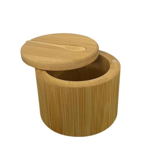 Bamboo Seasoning Storage Box with Magnetic Swivel Lid Wooden Salt Cellar Pepper Sugar Spice Holder Round Container Bowl Kitchen Gadgets