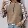 Autumn Women's Plaid Patchwork Top Vintage Patchwork Vintage Textured Pullover Sweatshirt