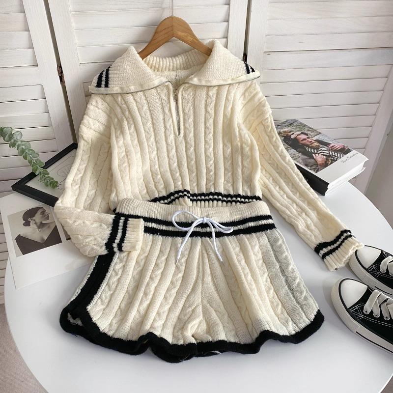 Autumn Winter Women Casual Twist Knitted Sweater Pant Two Piece Set Full Sleeve Zipper Pullover Tops and Elastic Waist Shorts Tracksuit