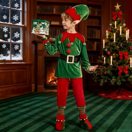 Christmas Elf Costume Set Boys Girls Festive Elf Outfit Kids Classic Red Green Elf Hat Stockings Set Dress-up Attire for Parties Cosplay Performance