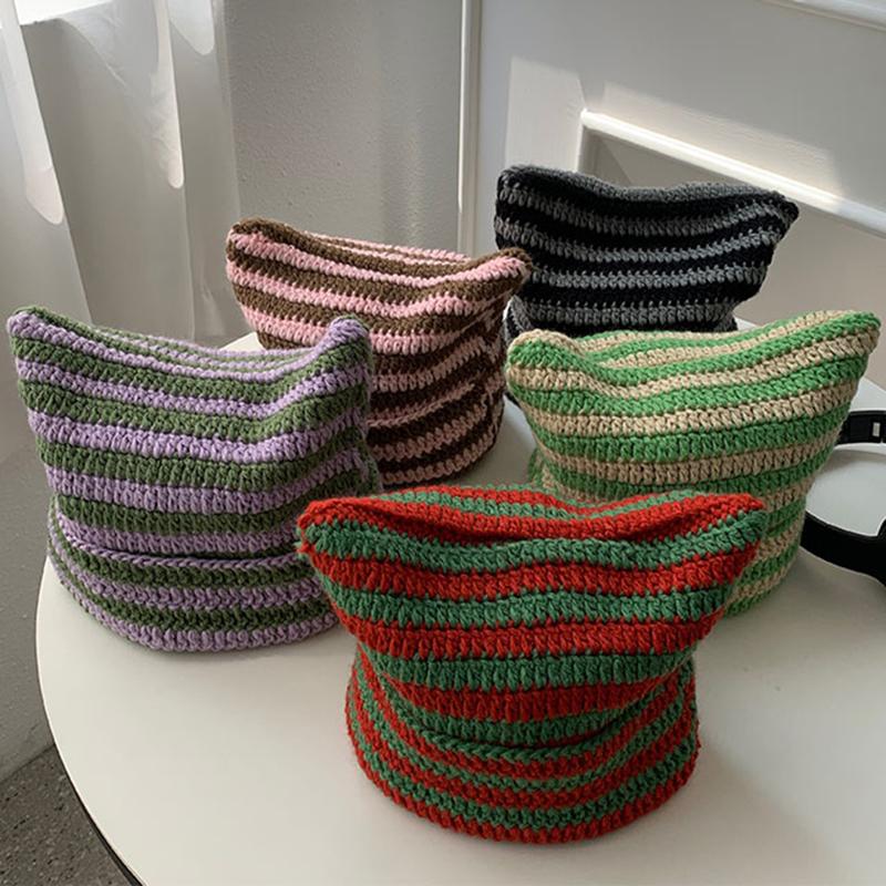 Cute Devil Horn Knitting Striped Beanie Hat Autumn Winter Knitted Wool Caps Girl Cat Ear Pointed Pullover Women Bonnet Hats