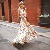 Women Maxi Dress Flower Print A-line Big Swing High Waist Round Neck Half Sleeve Pleated Soft Evening Dress