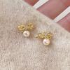 Imitation Pearl Bow Stud Earrings Women's Light Luxury Temperament Gentle Gold Hollow Zircon Earrings