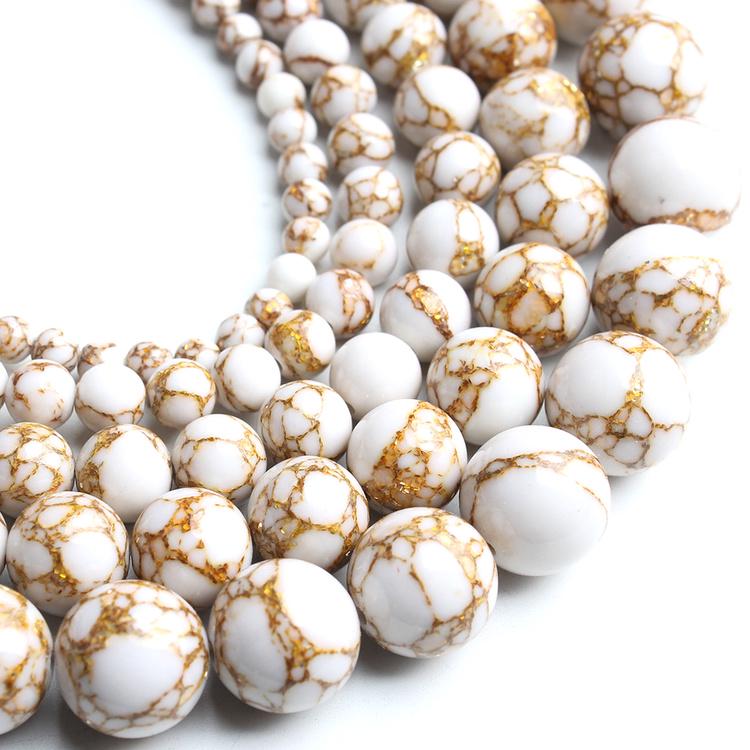 White Howlite Gold Silk Loose Beads Jewelry Making Bracelet 15'' 4-12mm