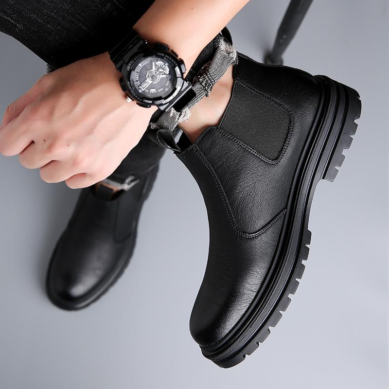 Men Business Short Boots Fashion Platform Ankle Thick Soled Boots New Male Leather Motorcycle Boots Slip On Casual Chelsea Shoes