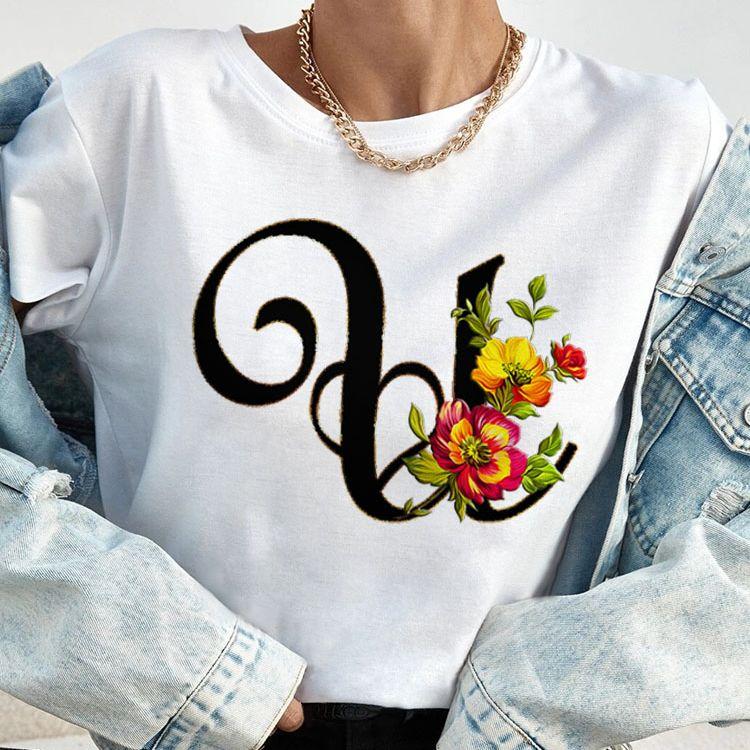 Custom Name Letter Combination Tops Fashion Women T-Shirt Rose Flower Heart Letter Font A B C D Short Sleeve Tees Black T-Shirt