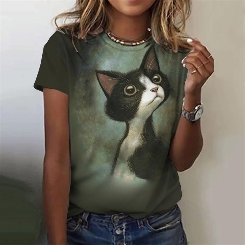 3D Printed Cute Animal T Shirt For Women Funny Cat Pattern Tees Summer Harajuku T-Shirts Round Neck Tops Loose Short Sleeves