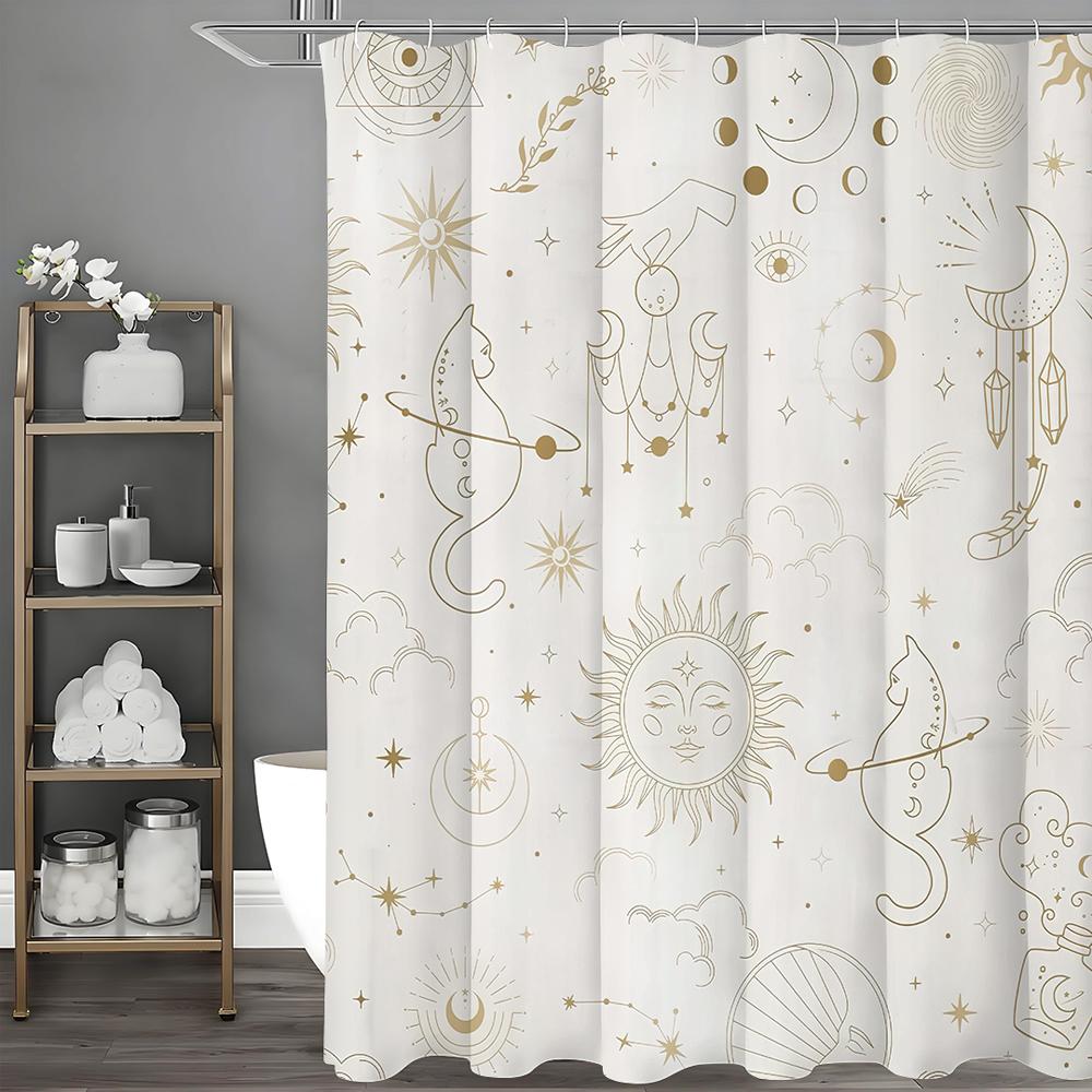 Sun God Moon Cat Stargazer Shower Curtain, Bathroom Decorative Shower Curtain, Waterproof Shower Curtain with Hooks