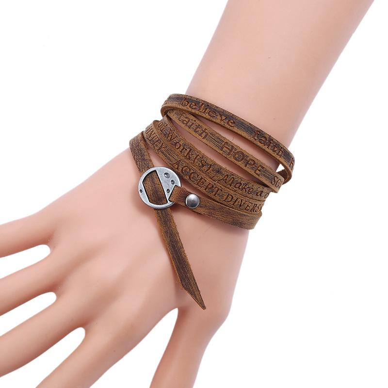 New Five Circle Embossed Cowhide Bracelet Vintage Simple Multi Loop Bracelet Fashion Buckle Leather Bracelet