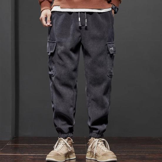 Fall Winter Men Cargo Pants Loose Drawstring Elastic Waist Plus Size Joggers Thickened