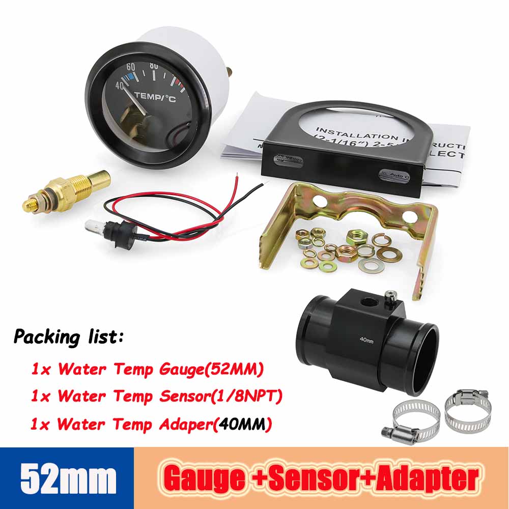52mm Water Temperature Gauge 40-120 Celsius with Adaptor Joint Pipe Radiator 1/8NPT Sensor Car Racing Water Tank Level Indicator