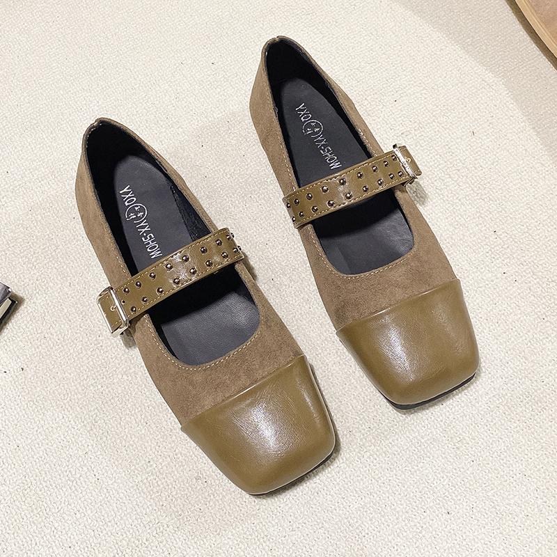 Spring New Flat Shoes Women's Square Head Splicing Suede Shallow Mouth Rivets with Soft Sole Non-slip Single Shoes