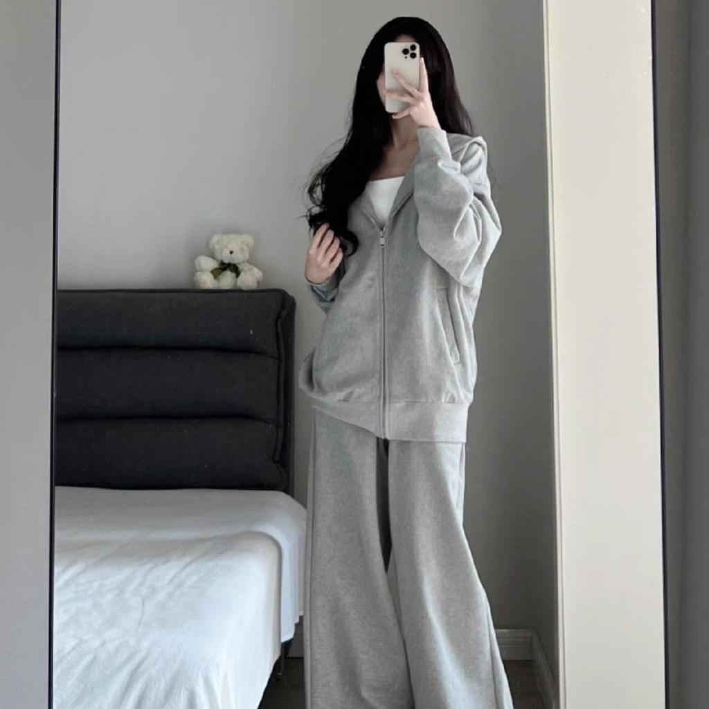 Gray Casual Sportswear Set: Women's Plus Size Autumn/Winter Korean-Style Sweatshirt & Sweatpants, 2-Piece