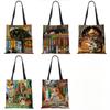 Customize Oil Painting Cat Print Womens Designer Tote Bags Linen Reusable Shopping Bag For Groceries Shoulder Bags for Lady 2020