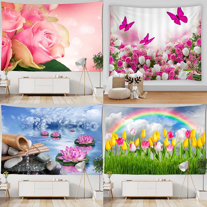 Beautiful White Cloud Rainbow Flower Hanging Cloth Home Wall Decoration Tapestry Office Living Room Tapestry